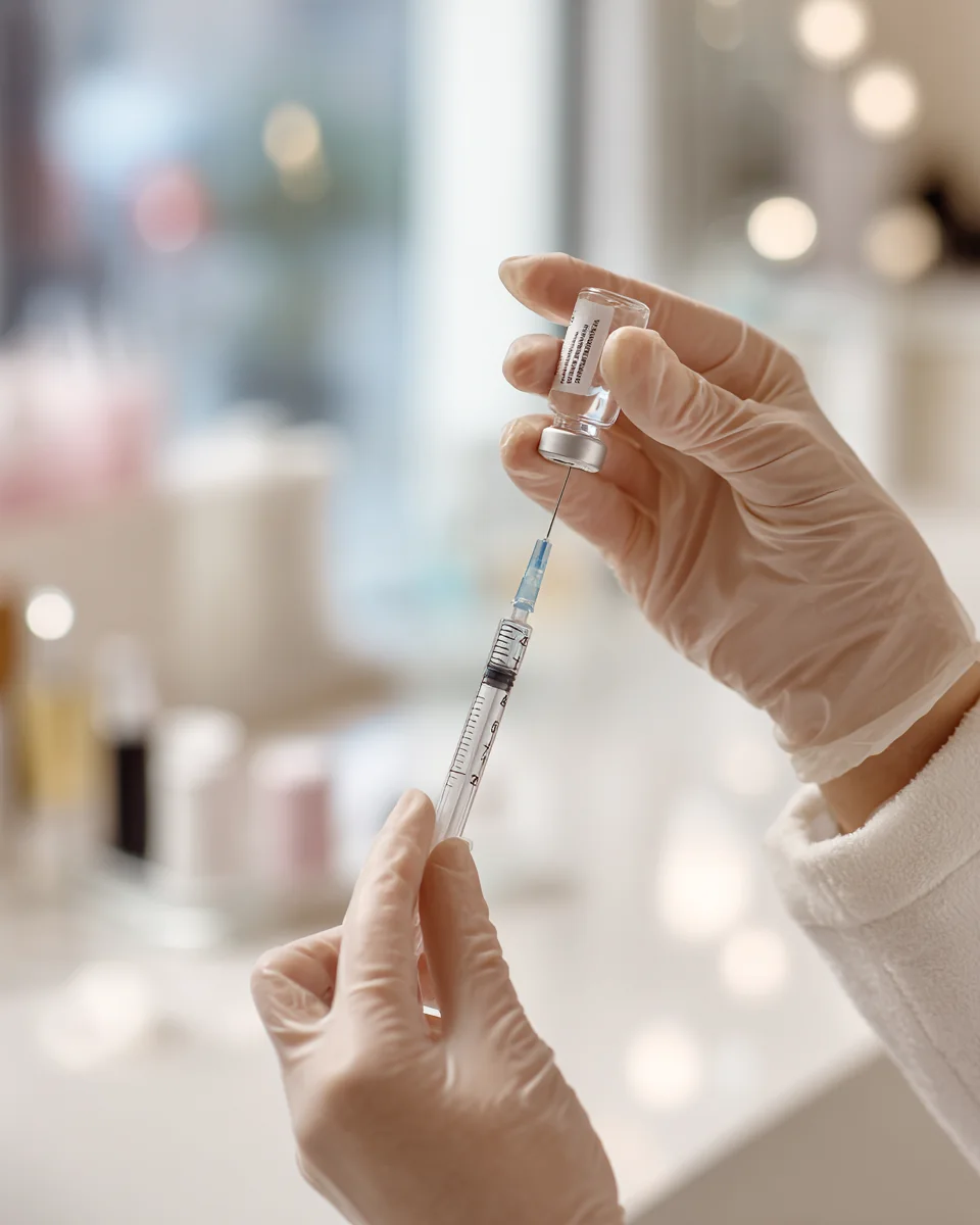 Practitioner preparing an injectable in a clinical setting